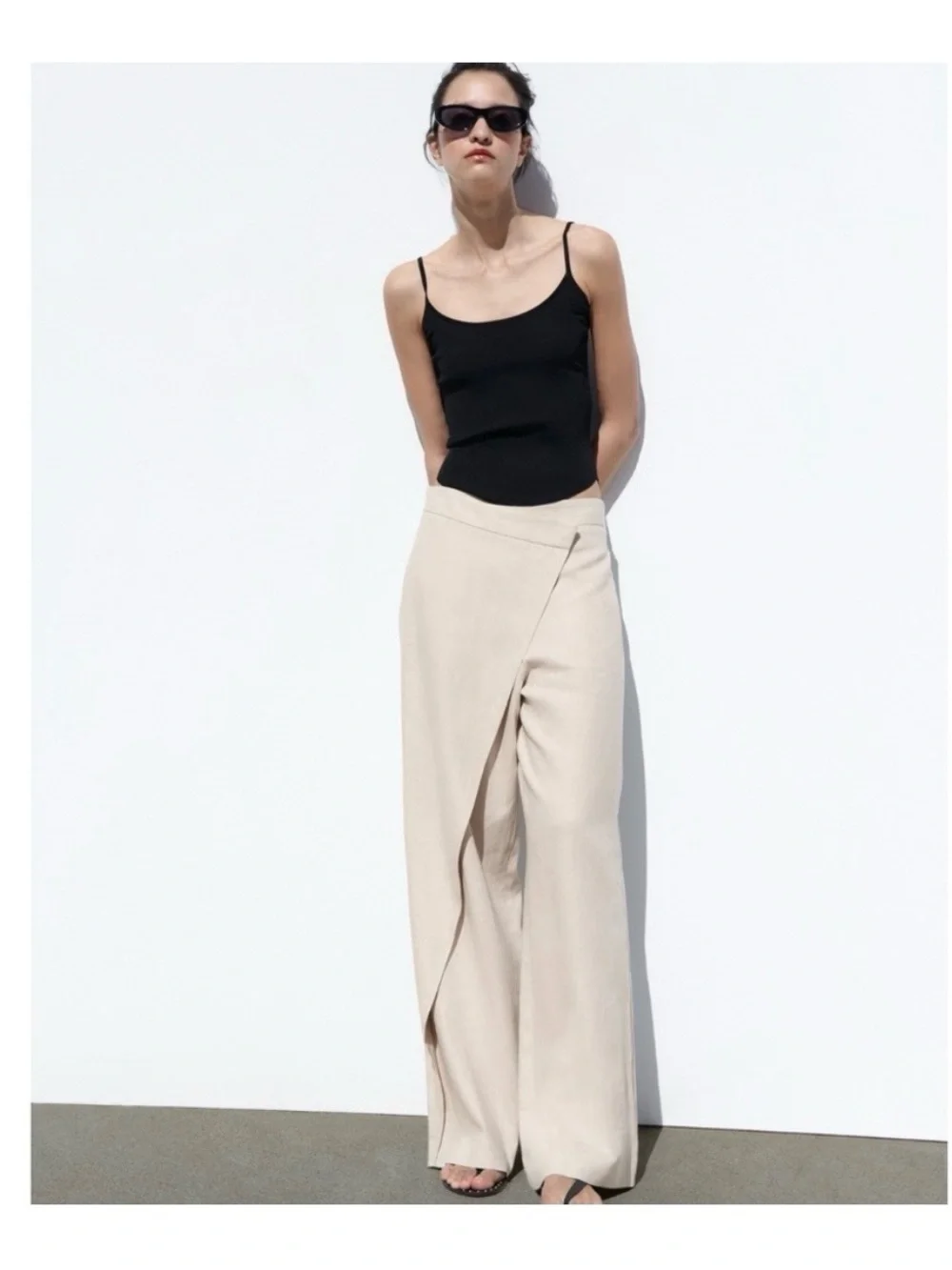 Zara Pareo Wrap-Front Wide Leg Linen Pants in Light Beige